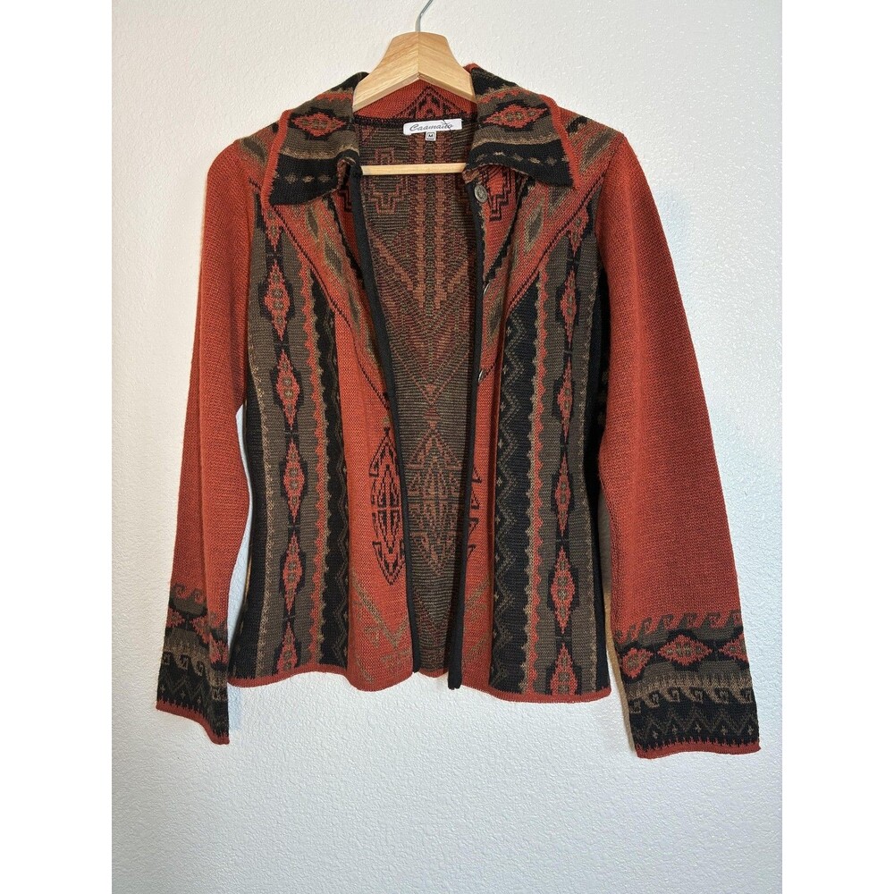 Caamano Cardigan Sweater Womens M Orange Alpaca Hand Knit Aztec Western Peru - Picture 2 of 16